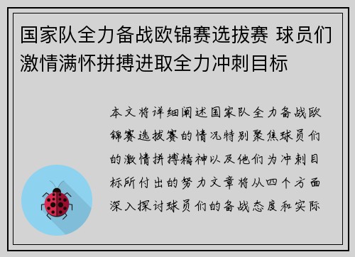 国家队全力备战欧锦赛选拔赛 球员们激情满怀拼搏进取全力冲刺目标