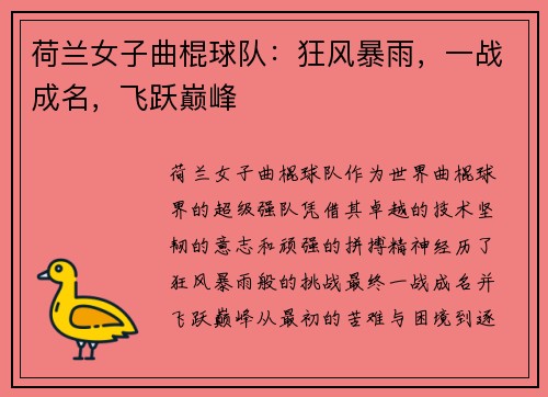 荷兰女子曲棍球队：狂风暴雨，一战成名，飞跃巅峰