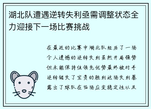 湖北队遭遇逆转失利亟需调整状态全力迎接下一场比赛挑战 湖北队遭遇逆转失利亟需调整状态全力迎接下一场比赛挑战