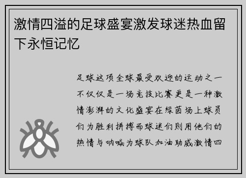 激情四溢的足球盛宴激发球迷热血留下永恒记忆